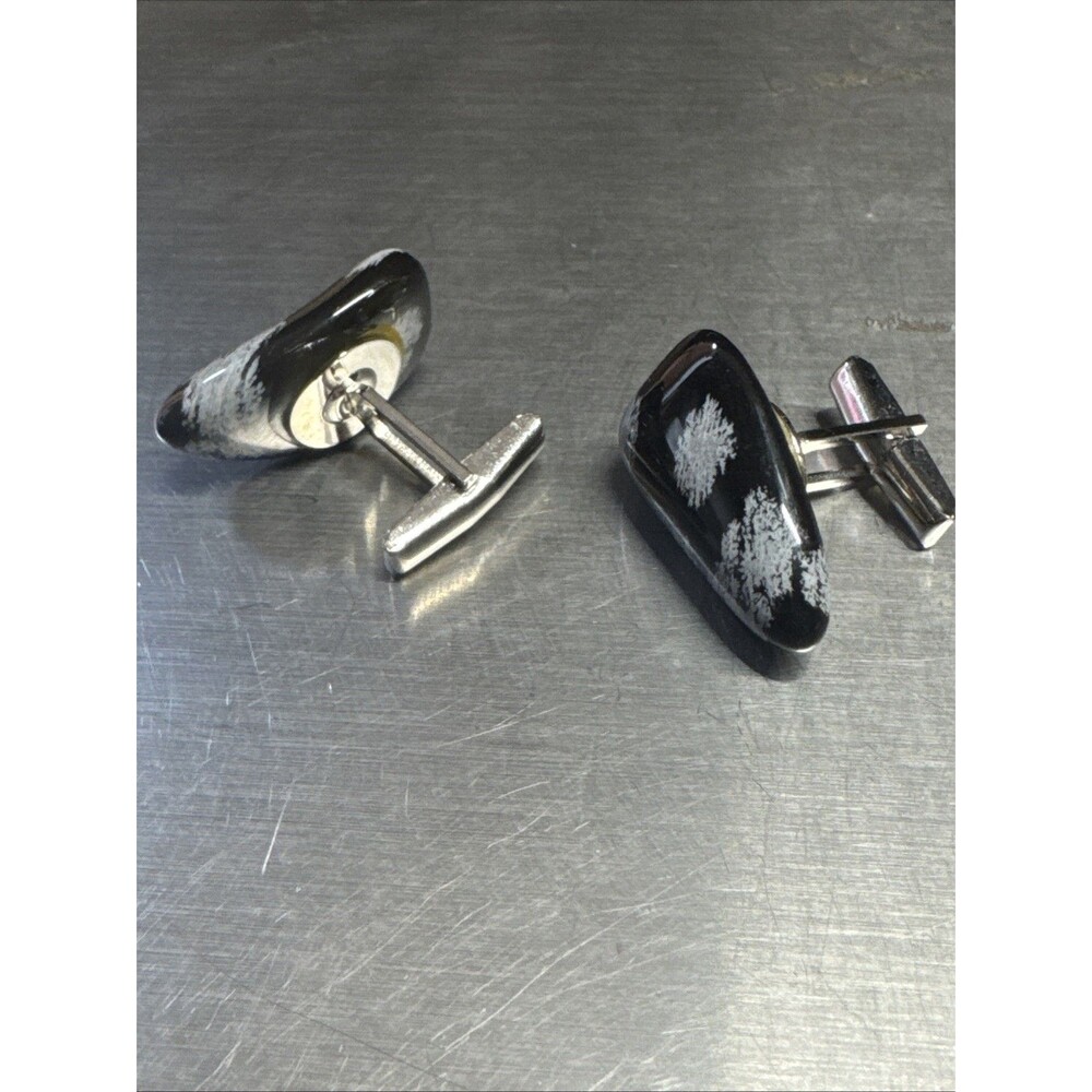 Vtg Marked Pat Pend Silver Tone w/ Black Gemstone Chunky Cufflinks - Picture 2 of 6